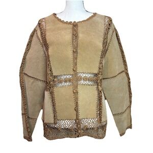 Selene Sport XL‎ Tan Nubuck Leather Jacket Crochet Lace Patches Boho Festival